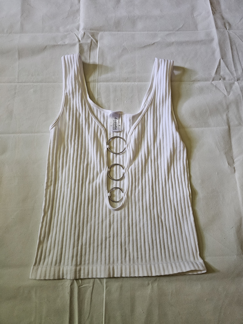 Ribbed Cream Tank with Triple Ring Detail